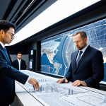 A team of professional engineers in diverse, modest business attire, gathered in a sophisticated control center. They are intently reviewing intricate holographic schematics of a next-generation Hyperloop tunnel system, showcasing advanced vacuum technology and magnetic levitation infrastructure. The environment is sleek and futuristic, with subtle lighting emphasizing the complex technical details. The focus is on innovation and problem-solving. This image is safe for work, appropriate content, fully clothed, professional, with perfect anatomy, correct proportions, natural pose, well-formed hands, proper finger count, and natural body proportions.