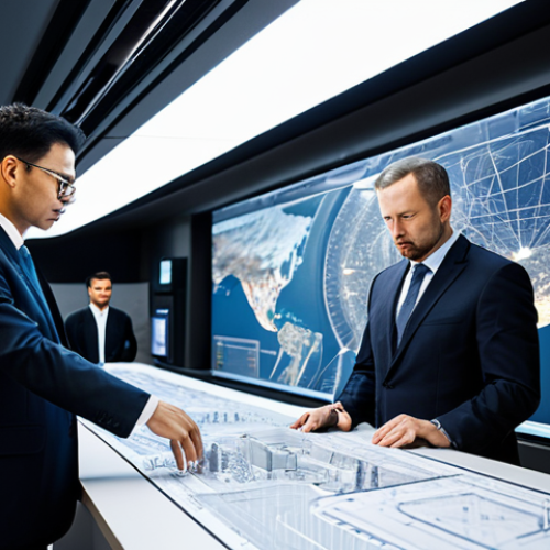 A team of professional engineers in diverse, modest business attire, gathered in a sophisticated control center. They are intently reviewing intricate holographic schematics of a next-generation Hyperloop tunnel system, showcasing advanced vacuum technology and magnetic levitation infrastructure. The environment is sleek and futuristic, with subtle lighting emphasizing the complex technical details. The focus is on innovation and problem-solving. This image is safe for work, appropriate content, fully clothed, professional, with perfect anatomy, correct proportions, natural pose, well-formed hands, proper finger count, and natural body proportions.