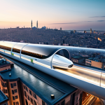 A sleek, futuristic Hyperloop capsule, glossy and aerodynamic, is depicted traveling at incredibly high speed through a transparent vacuum tube. The tube offers a panoramic view of a modernized Istanbul cityscape at dusk, showcasing luminous, eco-friendly skyscrapers and innovative green infrastructure seamlessly integrated into the urban fabric. The interior of the capsule subtly reveals a few passengers, fully clothed in professional, modest attire, observing the magnificent view with calm expressions. The image is captured with professional photography, featuring high-tech, cinematic lighting and an ultra-detailed finish in 8K resolution.
    *   **Safety & Quality Modifiers:** safe for work, appropriate content, fully clothed, family-friendly, perfect anatomy, correct proportions, natural pose, well-formed hands, proper finger count.